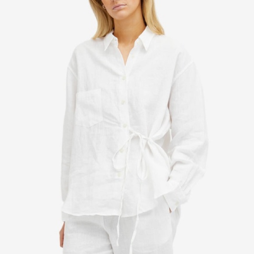 Deiji Studios White Cotton Tie Button Down Shirt Blouse